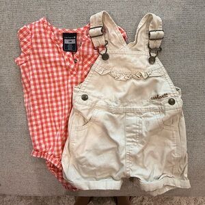 Carhartt Girls Toddler Cream Overalls with Red checkered Romper